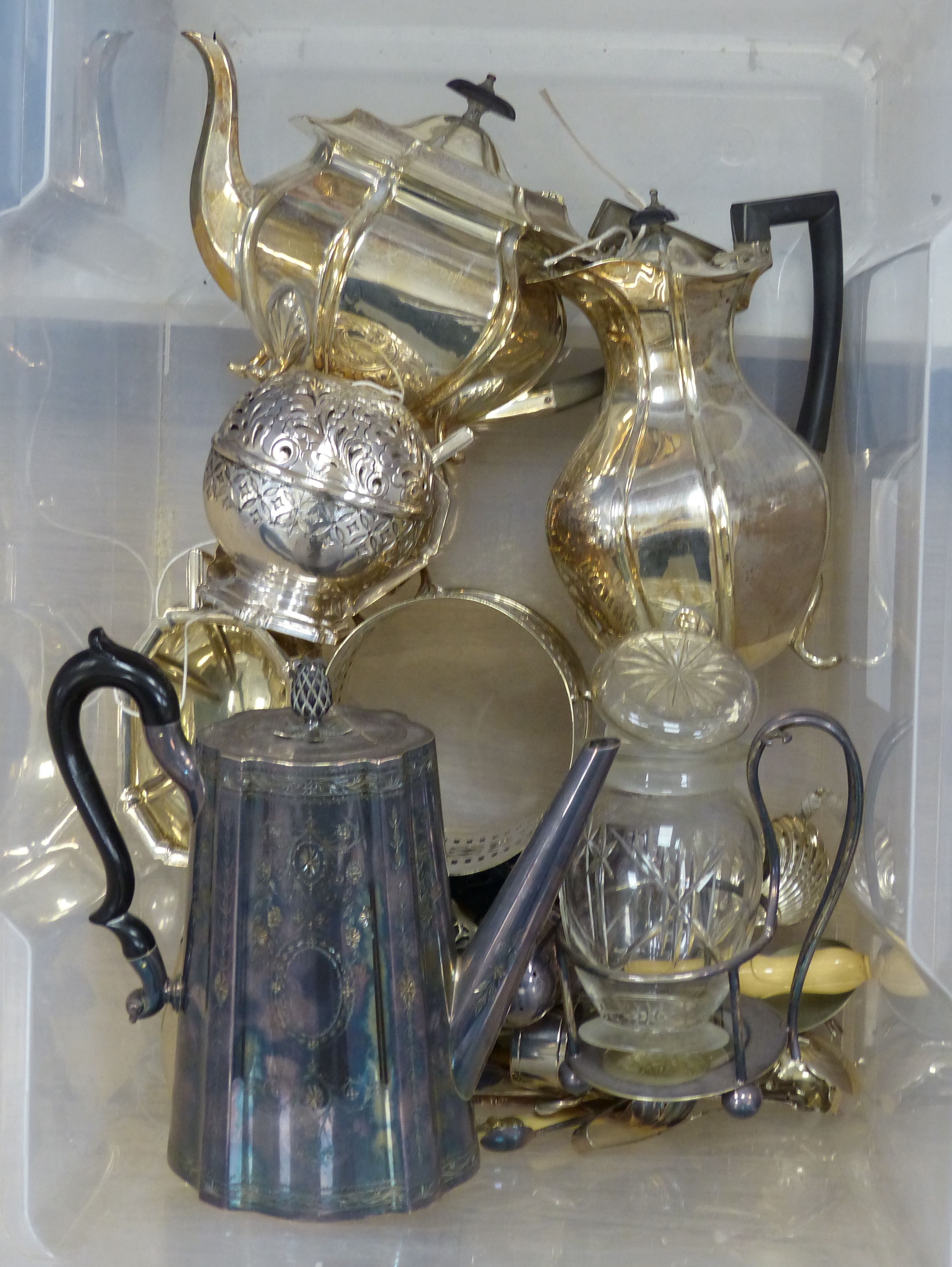 A four-piece silver-plated tea service, a plated ball-shaped string holder, a pair of fish servers etc.